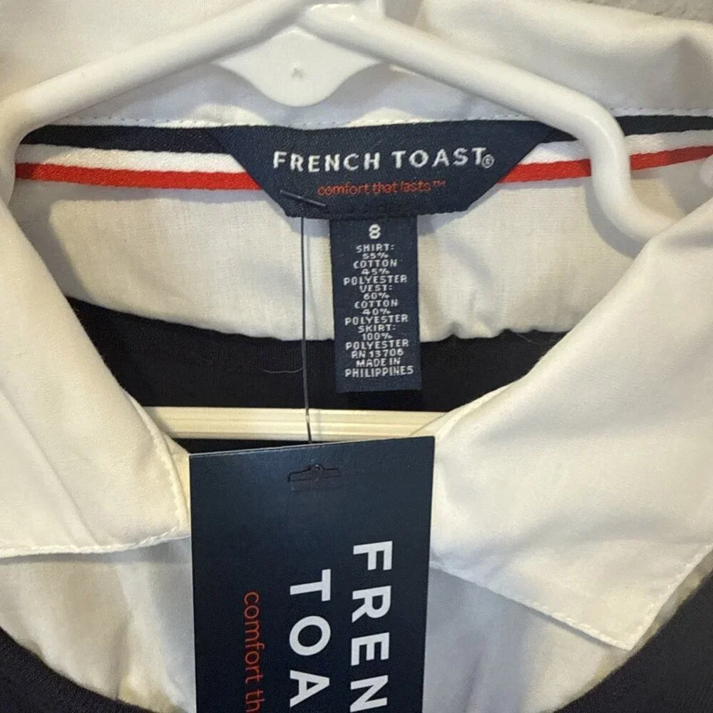 French Toast Girls V-Neck Pleated Jumper, Navy Blue Size 8 NWT Built In Shirt